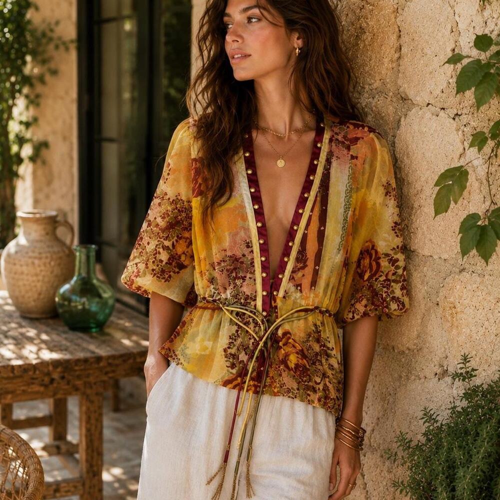 Simi Sue Boho Sheer Chiffon Beaded Tassel Blouse M